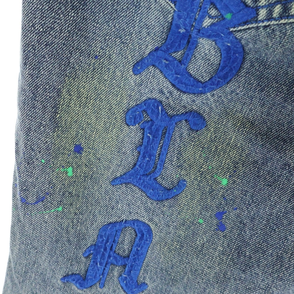 Evae mob(エバーモブ) × BLACK LUX PAINTING DENIM PANTS ロゴ刺繍 ペイントデニムフレアパンツ インディゴ