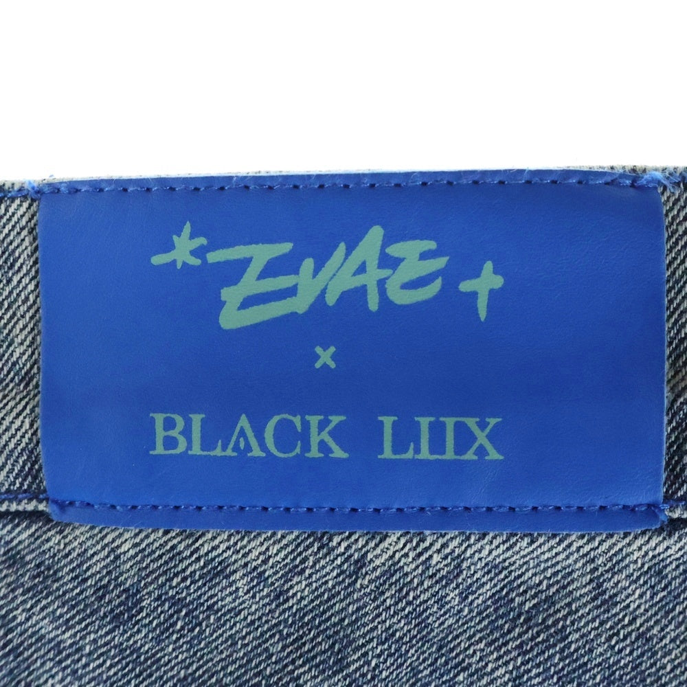 Evae mob(エバーモブ) × BLACK LUX PAINTING DENIM PANTS ロゴ刺繍 ペイントデニムフレアパンツ インディゴ