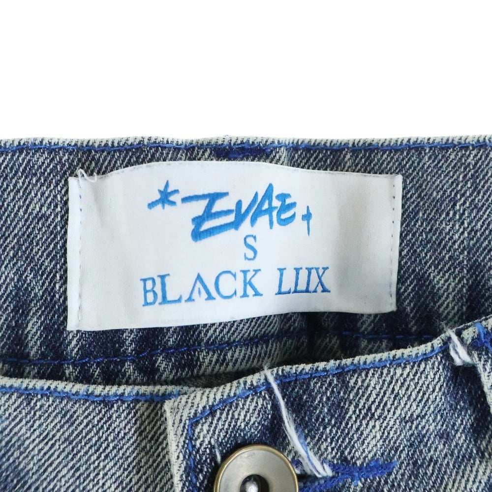 Evae mob(エバーモブ) × BLACK LUX PAINTING DENIM PANTS ロゴ刺繍 ペイントデニムフレアパンツ インディゴ