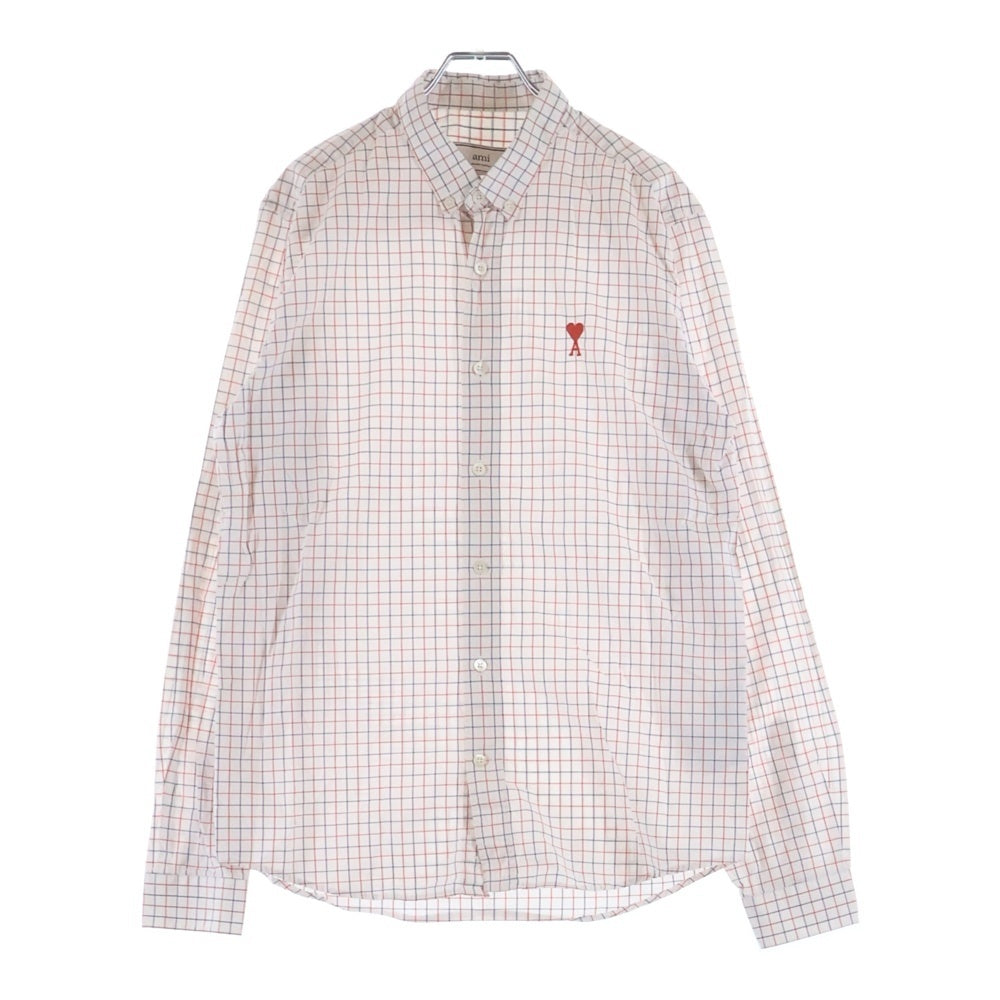 AMI Alexandre Mattiussi(アミアレクサンドルマテュッシ) Check Shirt ハートロゴ刺繍 長袖チェックシャツ ホワイト