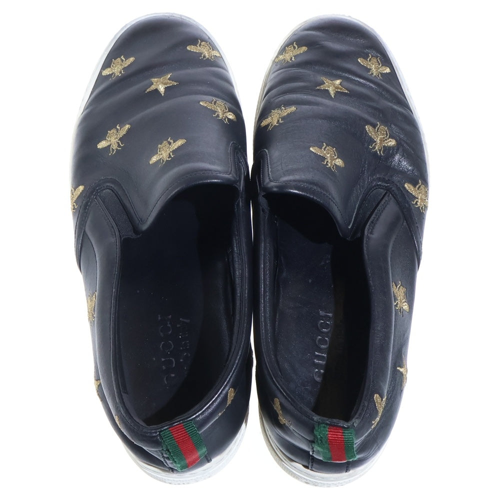 GUCCI(グッチ) Bee刺繍 レザーローカットスニーカー スリッポン ブラック 407364
