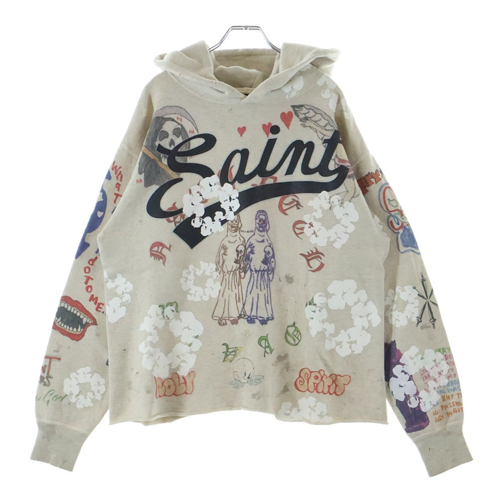 SAINT MICHAEL(セントマイケル) 22SS ×DENIM TEARS HOODIE GREENNAFFITTI デニムティアーズ グラフィティ ダメージ加工 プルオーバースウェットパーカー フーディー ベージュ SM-S22-0000-083