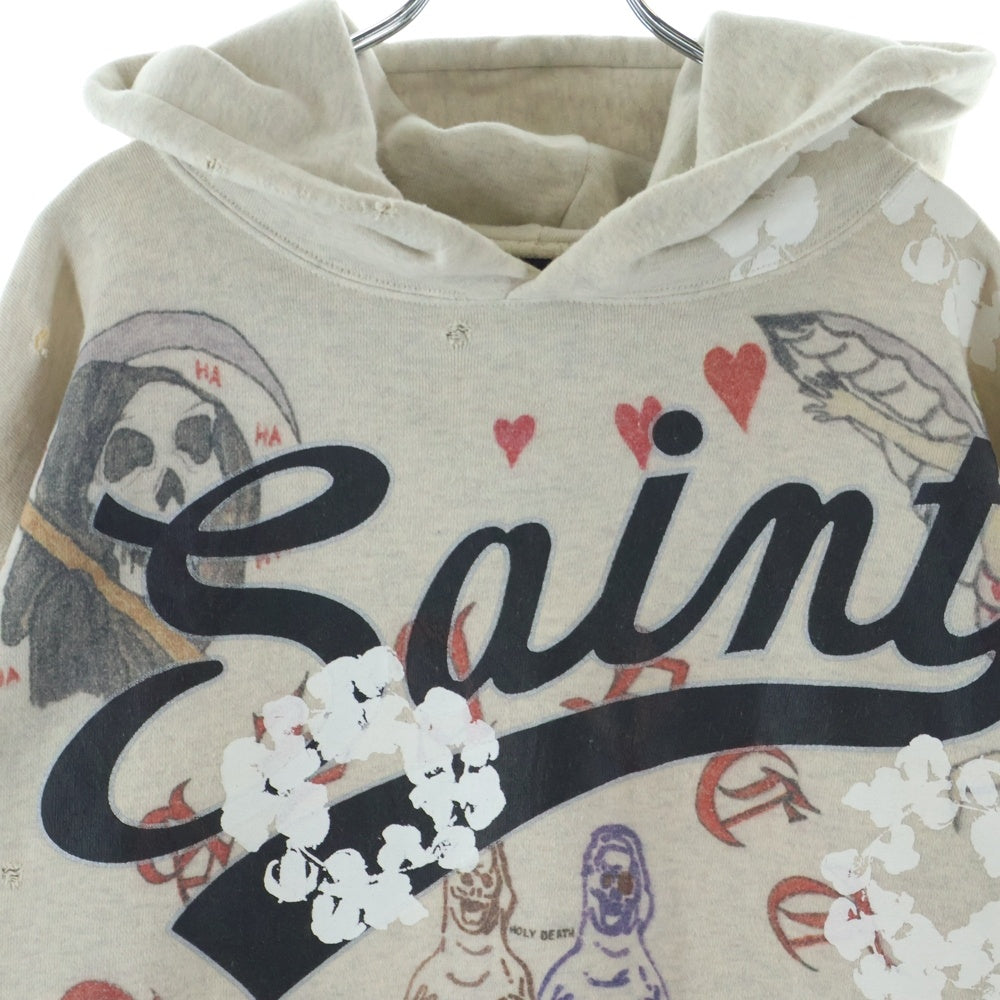 SAINT MICHAEL(セントマイケル) 22SS ×DENIM TEARS HOODIE GREENNAFFITTI デニムティアーズ グラフィティ ダメージ加工 プルオーバースウェットパーカー フーディー ベージュ SM-S22-0000-083