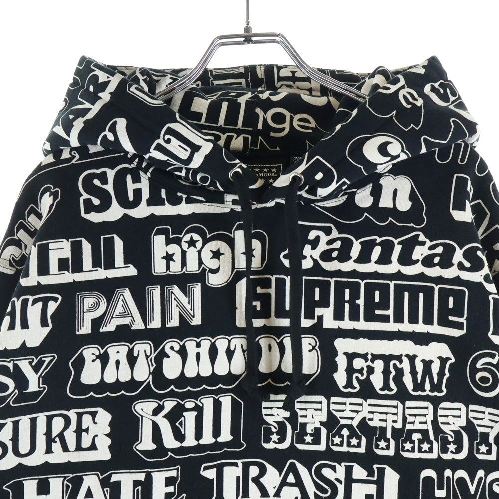 SUPREME(シュプリーム) 17AW ×HYSTERIC GLAMOUR Text Hoodie ヒステリックグラマー テキスト 総柄 プルオーバースウェットパーカー フーディー ブラック
