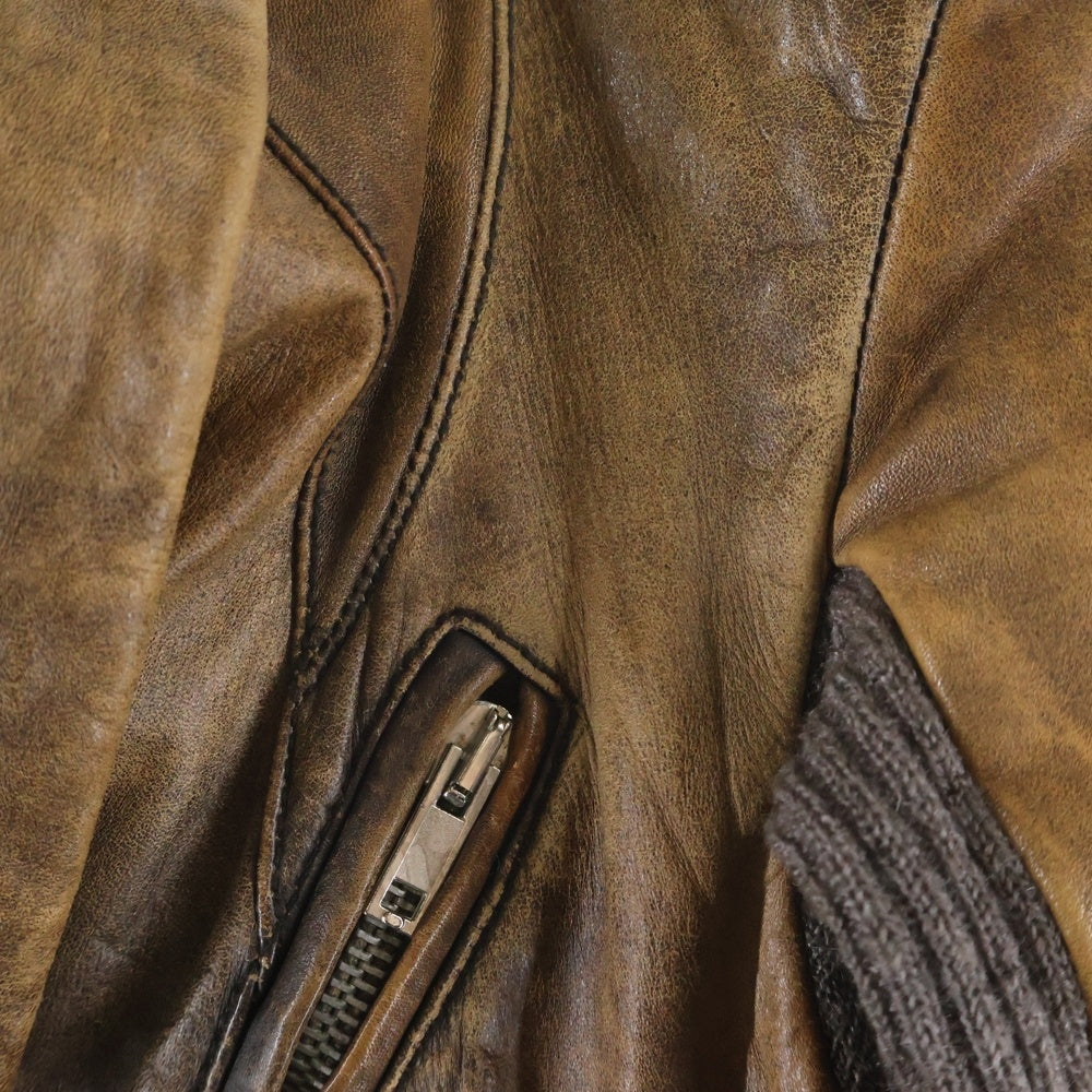 Rick Owens(リックオウエンス) Calf Leather Jacket カーフレザー ニット切替 レザージャケット ブラウン レディース RO1743-LE