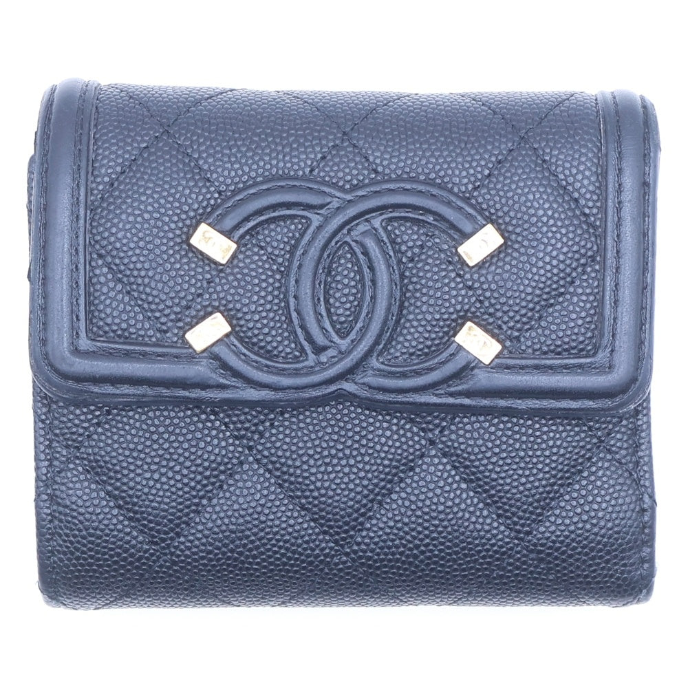 CHANEL(シャネル) キャビアスキン ココマーク フィリグリーコンパクトウォレット 三つ折り財布 ブラック AP0375 レディース