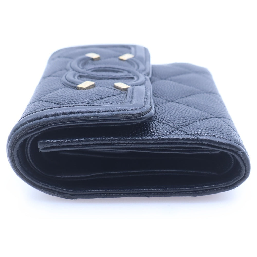 CHANEL(シャネル) キャビアスキン ココマーク フィリグリーコンパクトウォレット 三つ折り財布 ブラック AP0375 レディース