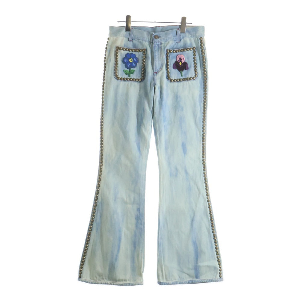 GUCCI(グッチ) Studded Denim Pants 花柄 ロゴ刺繍 スタッズフレアデニムパンツ インディゴ 471923 XR548
