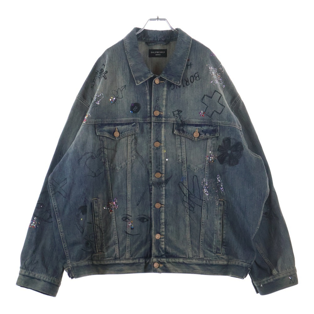 BALENCIAGA(バレンシアガ) Distressed Graffiti Decoration Denim Jacket ダメージ加工 スパンコール装飾 グラフィティデニムジャケット インディゴ