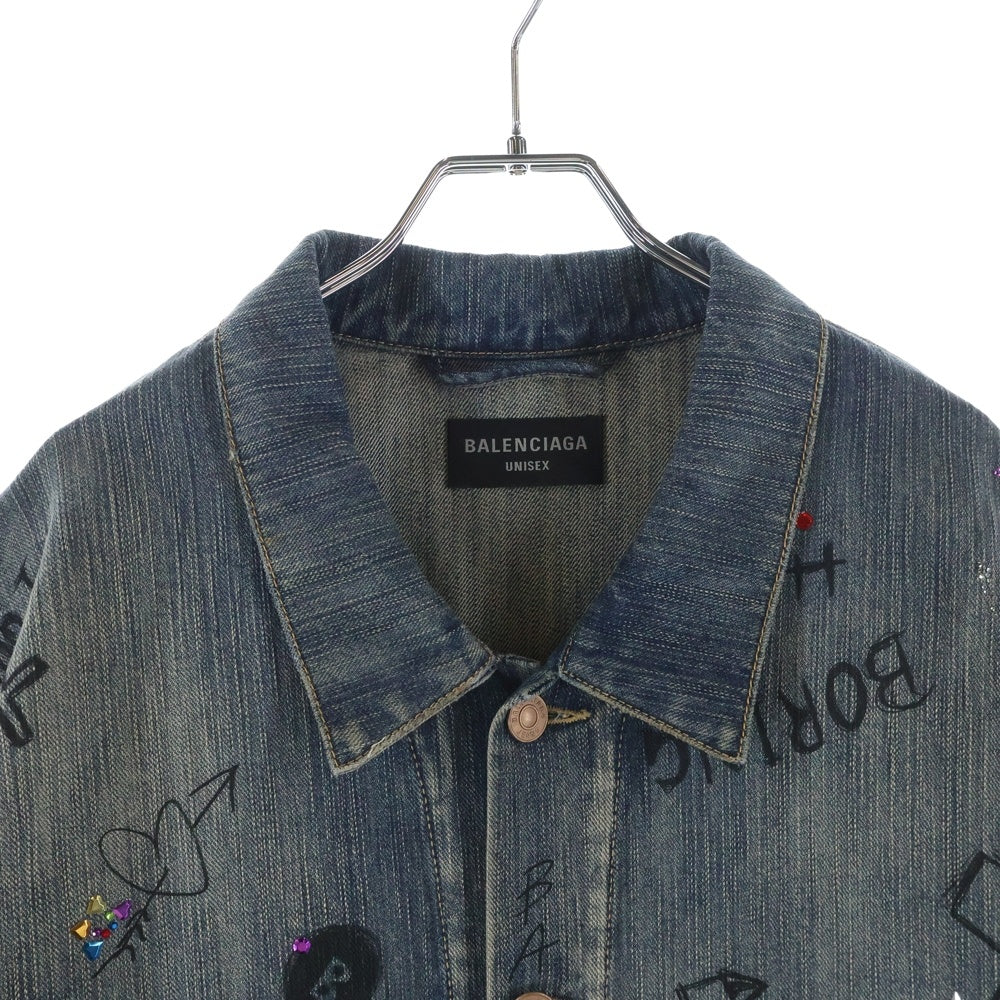 BALENCIAGA(バレンシアガ) Distressed Graffiti Decoration Denim Jacket ダメージ加工 スパンコール装飾 グラフィティデニムジャケット インディゴ