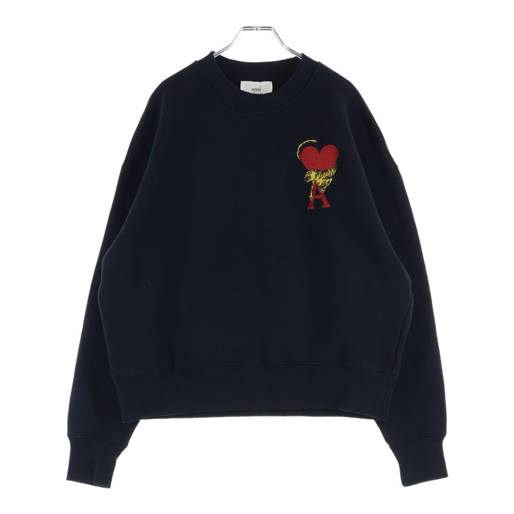 AMI Alexandre Mattiussi(アミアレクサンドルマテュッシ) Tiger Swaetshirt タイガーハートロゴ刺繍 クルーネックスウェットトレーナー ブラック E22UDW009.749