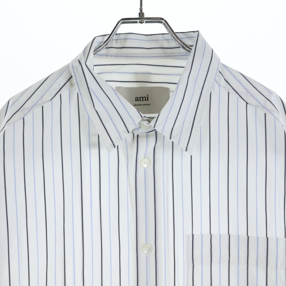 AMI Alexandre Mattiussi(アミアレクサンドルマテュッシ) Stripe Shirt ハートロゴ 長袖ストライプシャツ ホワイト USH800.CO0109