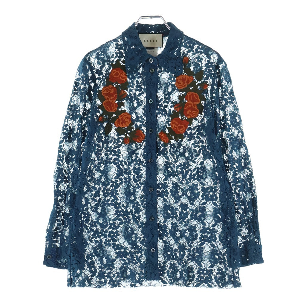 GUCCI(グッチ) 16SS Floral Shirt 花柄刺繍 レース長袖シャツ ネイビー 419616 ZGZ82 レディース