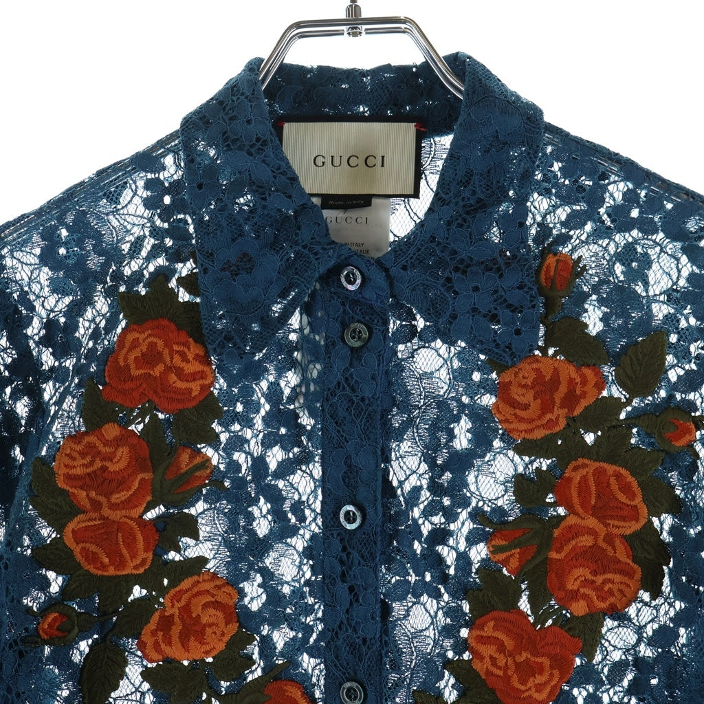 GUCCI(グッチ) 16SS Floral Shirt 花柄刺繍 レース長袖シャツ ネイビー 419616 ZGZ82 レディース