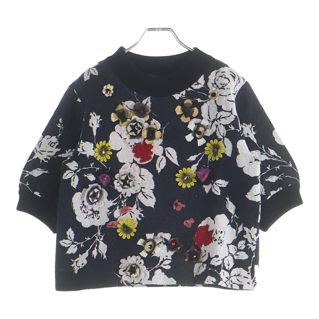 DOLCE & GABBANA(ドルチェアンドガッバーナ) Floral Embellished Top 花柄 装飾 クルーネック半袖トップス ブラック レディース F9728Z FSMVM