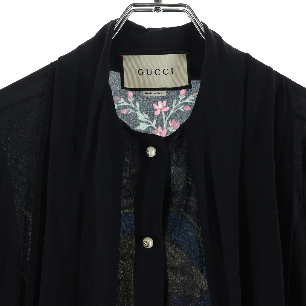 GUCCI(グッチ) Silk Shirt パールボタン シルク長袖シャツ ブラウス ブラック レディース 467085 ZJP13