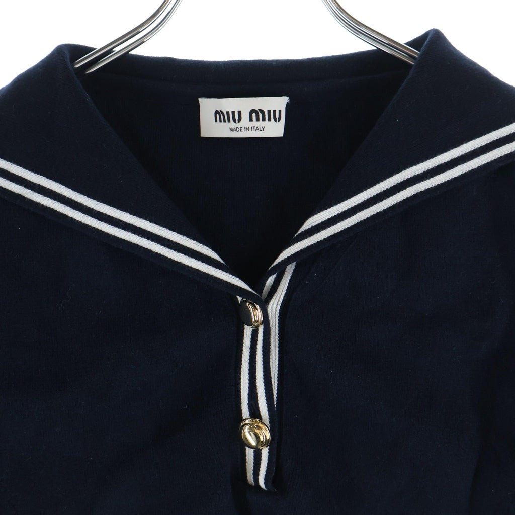 miumiu(ミュウミュウ) ロゴ刺繍 クロップド ポロニット 半袖トップス レディース MML897 S000 ネイビー