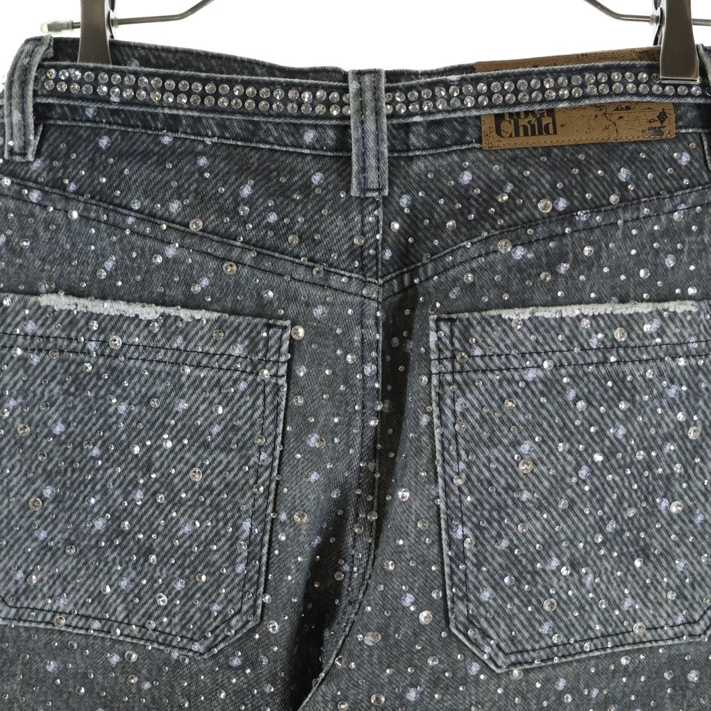 BIRTH OF ROYAL CHILD(バースオブロイヤルチャイルド) 3D Printing Washed 20k Swarovski Diamond Boro Denim ダメージ加工 ラインストーン装飾 デニムパンツ グレー