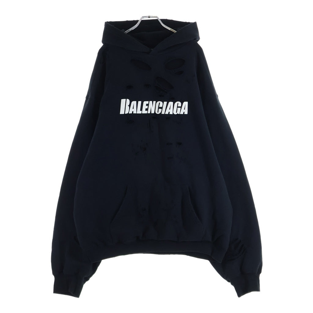 BALENCIAGA(バレンシアガ) 21SS デストロイ加工 ロゴミディアム フリースプルオーバーパーカー 659403 TKVB6 ブラック