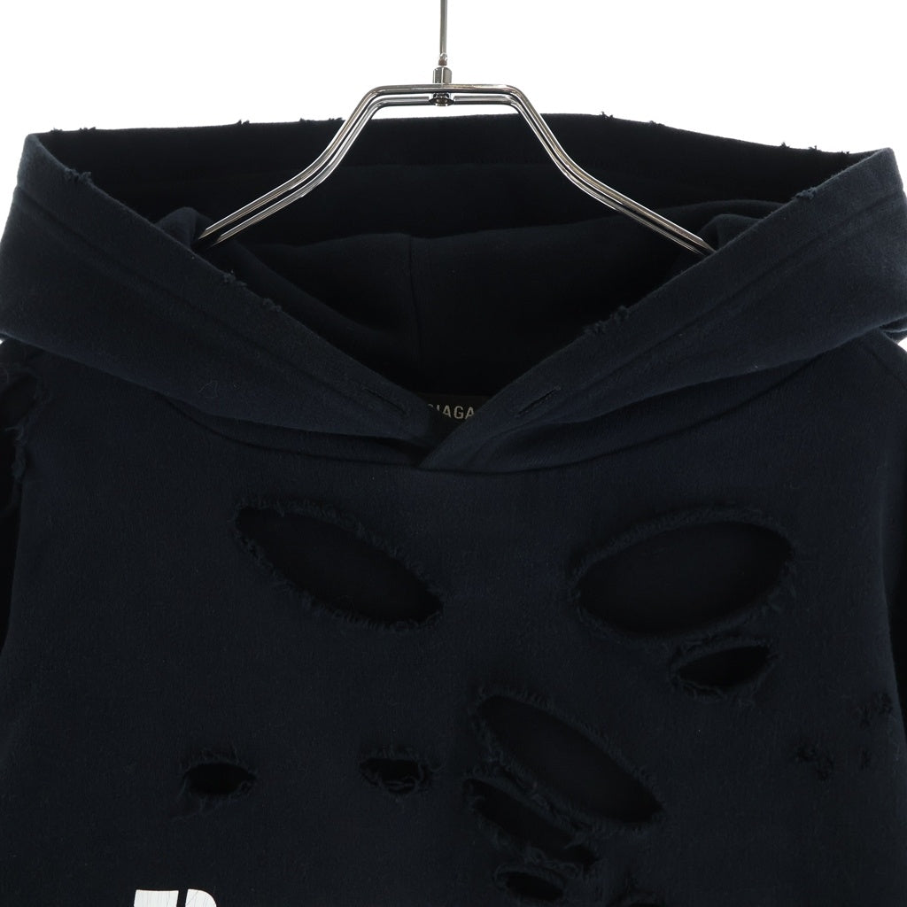 BALENCIAGA(バレンシアガ) 21SS デストロイ加工 ロゴミディアム フリースプルオーバーパーカー 659403 TKVB6 ブラック
