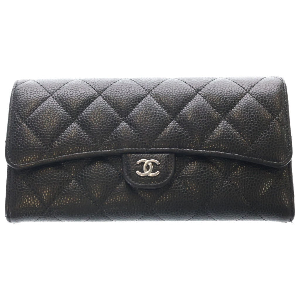 CHANEL(シャネル) ココマーク マトラッセ キャビアスキン クラシックロングフラップウォレット 財布 ブラック A80758 レディース