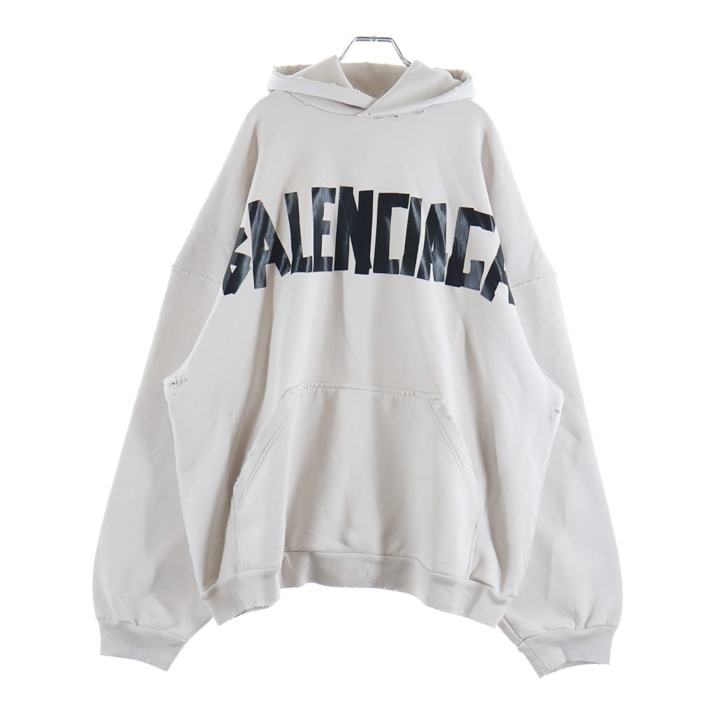 BALENCIAGA(バレンシアガ) Tape Logo Hoodie テープロゴ ダメージ加工 プルオーバースウェットパーカー フーディー アイボリー 739024 TQVQ9