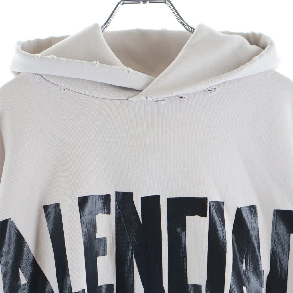 BALENCIAGA(バレンシアガ) Tape Logo Hoodie テープロゴ ダメージ加工 プルオーバースウェットパーカー フーディー アイボリー 739024 TQVQ9