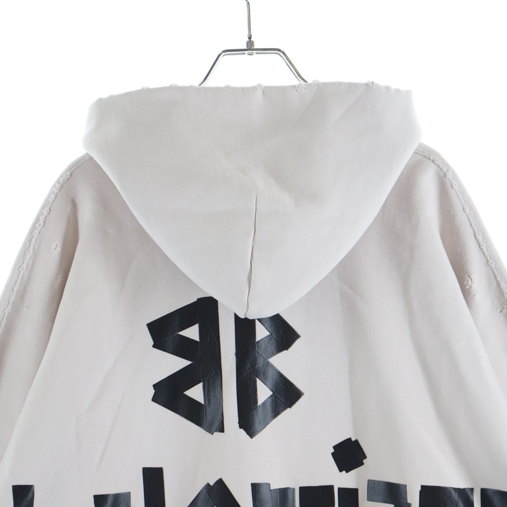 BALENCIAGA(バレンシアガ) Tape Logo Hoodie テープロゴ ダメージ加工 プルオーバースウェットパーカー フーディー アイボリー 739024 TQVQ9