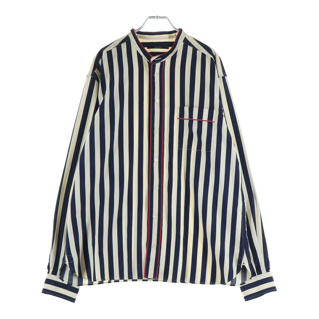 GUCCI(グッチ) Silk Shirt バンドカラー ストライプシルクシャツ ホワイト/ネイビー 375189 Z609A