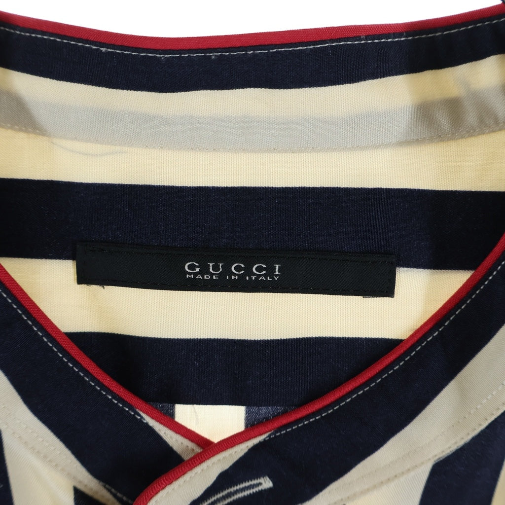 GUCCI(グッチ) Silk Shirt バンドカラー ストライプシルクシャツ ホワイト/ネイビー 375189 Z609A