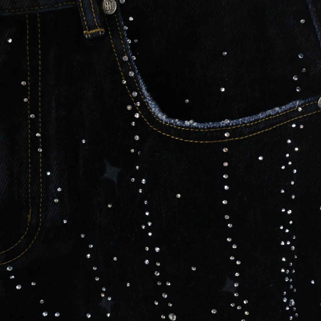 BIRTH OF ROYAL CHILD(バースオブロイヤルチャイルド) 20K Diamond Starlight Denim Shorts ラインストーン装飾 デニムハーフパンツ ショーツ ブラック