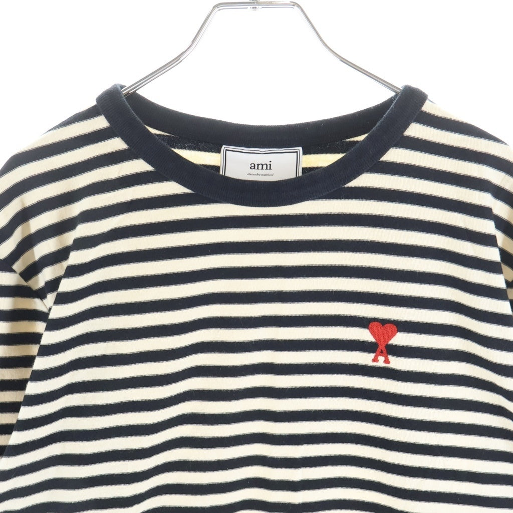 AMI Alexandre Mattiussi(アミアレクサンドルマテュッシ) L/S T-Shirt ハートロゴ刺繍 ボーダー長袖Tシャツ ロンT ホワイト H20HJ106.72
