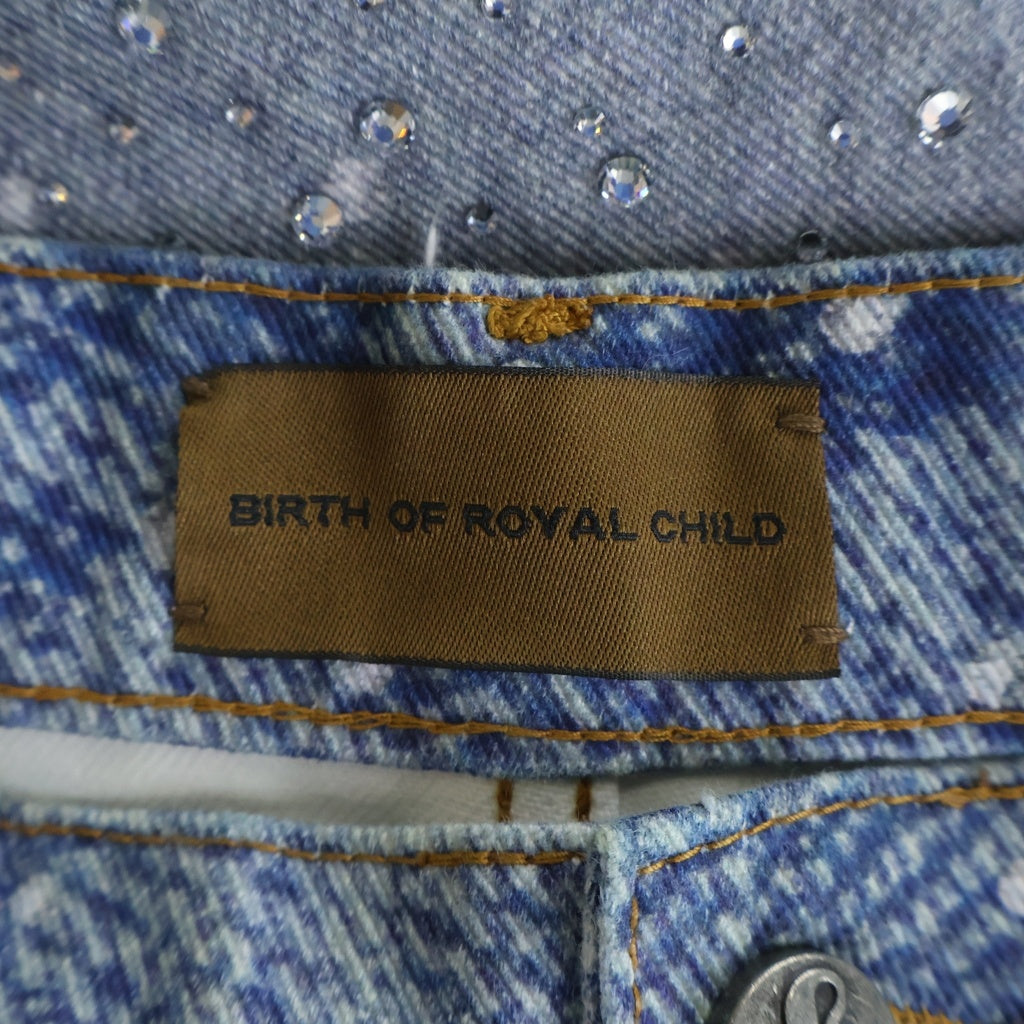 BIRTH OF ROYAL CHILD(バースオブロイヤルチャイルド) 3D Printing Washed 20k Swarovski Diamond Boro Denim ダメージ加工 ラインストーン装飾 デニムパンツ インディゴ