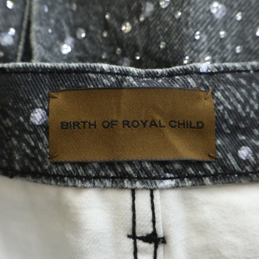 BIRTH OF ROYAL CHILD(バースオブロイヤルチャイルド) 3D Printing Washed 20k Swarovski Diamond Boro Denim ダメージ加工 ラインストーン装飾 デニムパンツ グレー
