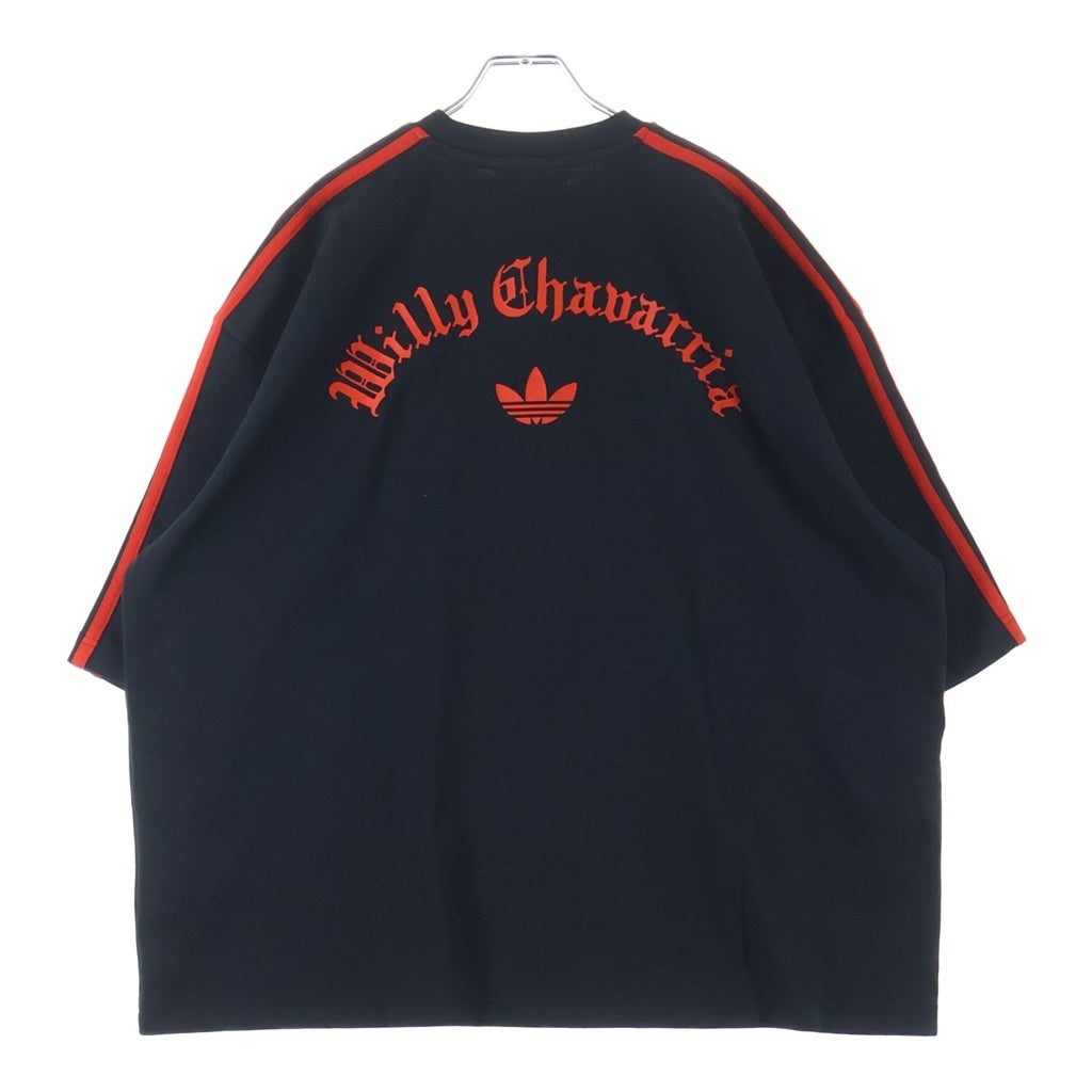adidas(アディダス) ×WILLY CHAVARRIA ウィリーチャバリア ロゴエンブロイダリー サイドライン クルーネック 半袖Tシャツ カットソー ブラック/レッド JW1447
