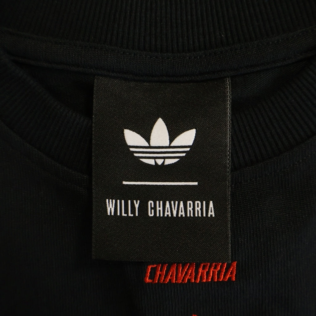 adidas(アディダス) ×WILLY CHAVARRIA ウィリーチャバリア ロゴエンブロイダリー サイドライン クルーネック 半袖Tシャツ カットソー ブラック/レッド JW1447