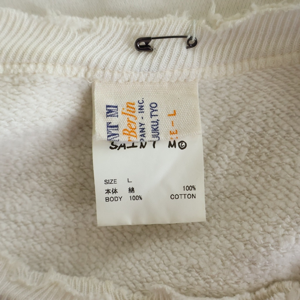 SAINT MICHAEL(セントマイケル) 25SS ×BerBerJin BJ CREW NECK SWEAT YOUNG ベルベルジン ダメージ 汚れ加工 クルーネックスウェットトレーナー ホワイト SM-HR8-0000-C38