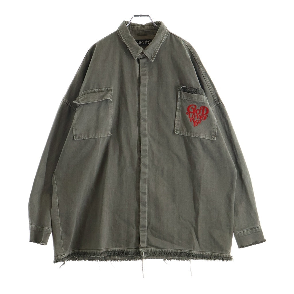 NO BRAND(ノーブランド) MAISON CASANOVA(メゾンカサノバ) Military Shirt ロゴ刺繍 ミリタリーシャツ 長袖シャツ カーキ