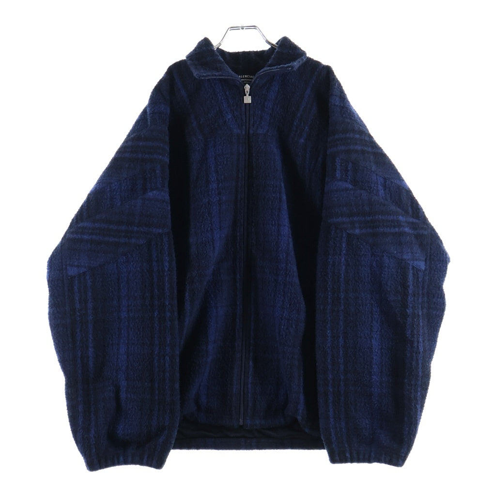 BALENCIAGA(バレンシアガ) 21AW Sporty B TRACKSUIT JACKET スポーティB刺繍 ハイネック チェック ウールフリースジャケット ブルー/ブラック 675648 TLU11
