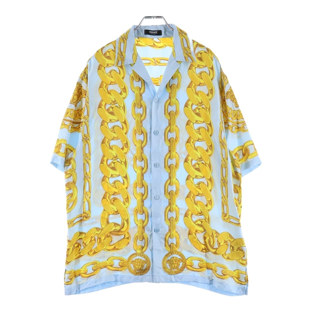 VERSACE(ヴェルサーチ) Silk Medusa Chain Shirt メデューサチェーンシャツ 開襟半袖シャツ 総柄 シルク イエロー 1003926 1A13397