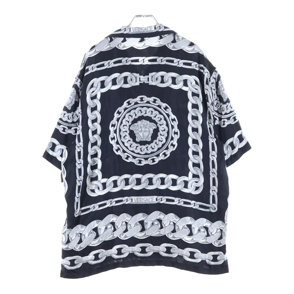 VERSACE(ヴェルサーチ) Silk Medusa Chain Shirt メデューサチェーンシャツ 開襟半袖シャツ 総柄 シルク ブラック 1003926 1A13397