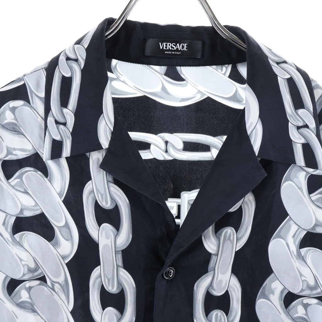 VERSACE(ヴェルサーチ) Silk Medusa Chain Shirt メデューサチェーンシャツ 開襟半袖シャツ 総柄 シルク ブラック 1003926 1A13397