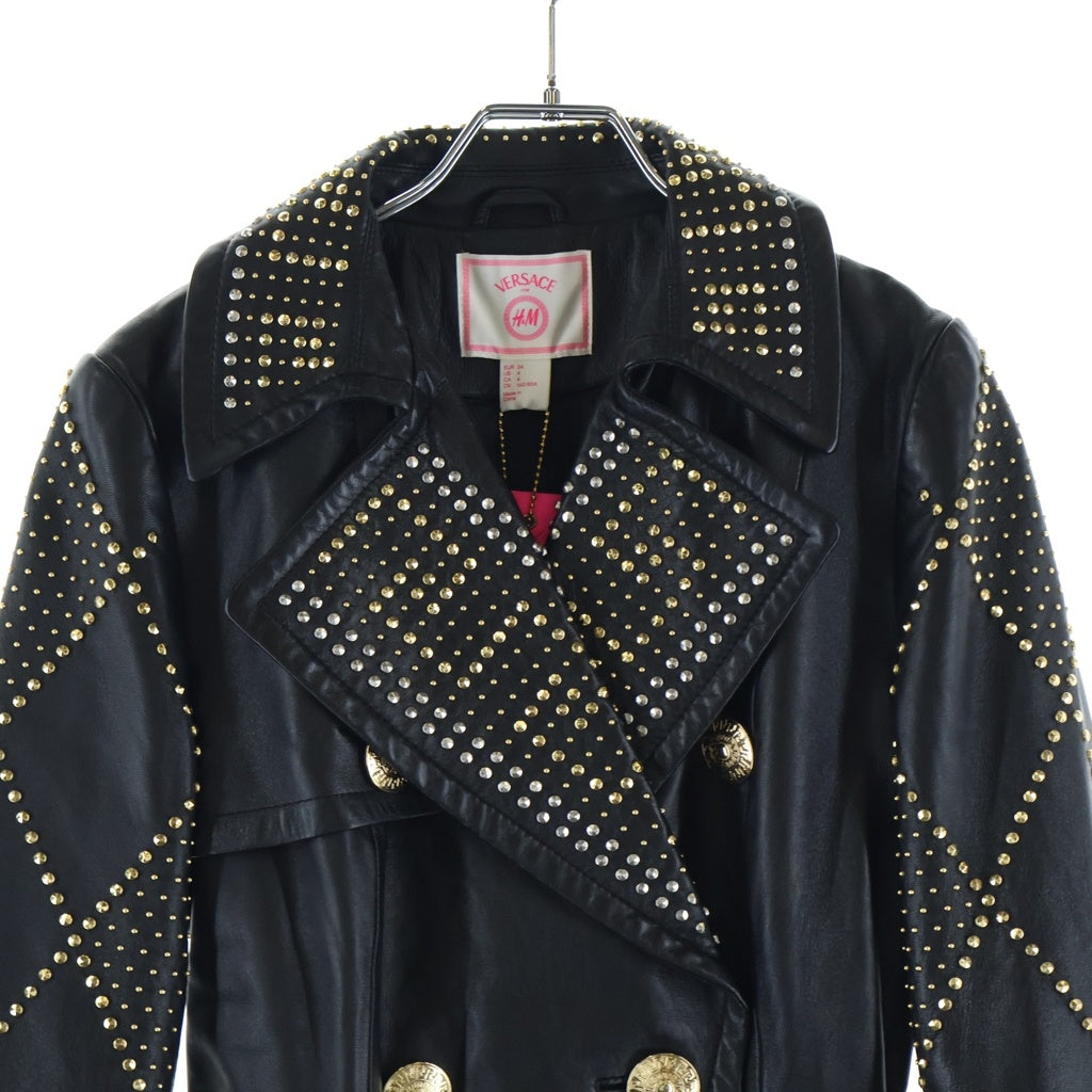 VERSACE(ヴェルサーチ) ×H&M Leather Long Coat スタッズ装飾 レザーロングコート ブラック レディース
