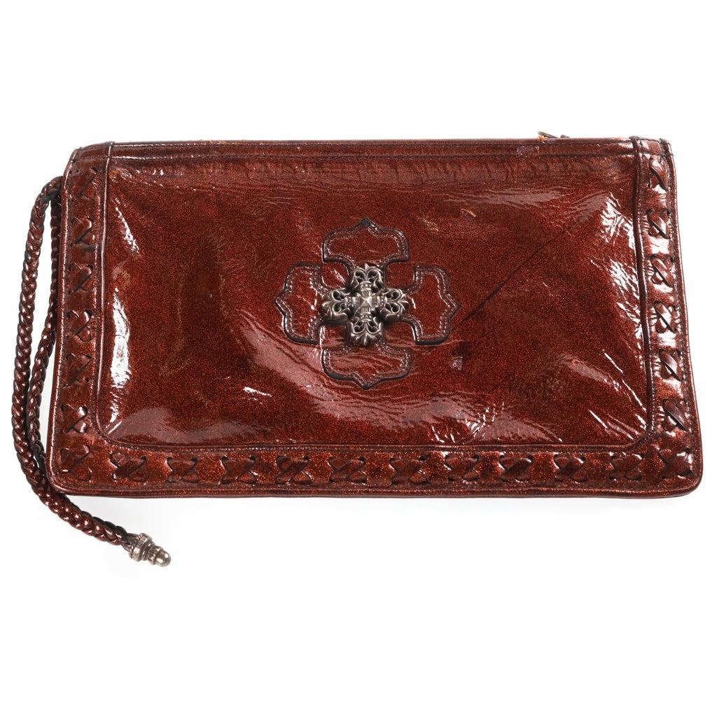 CHROME HEARTS(クロムハーツ) FLAT POUCH フィリグリープラス パテントレザー フラットポーチ セカンドバッグ ブラウン