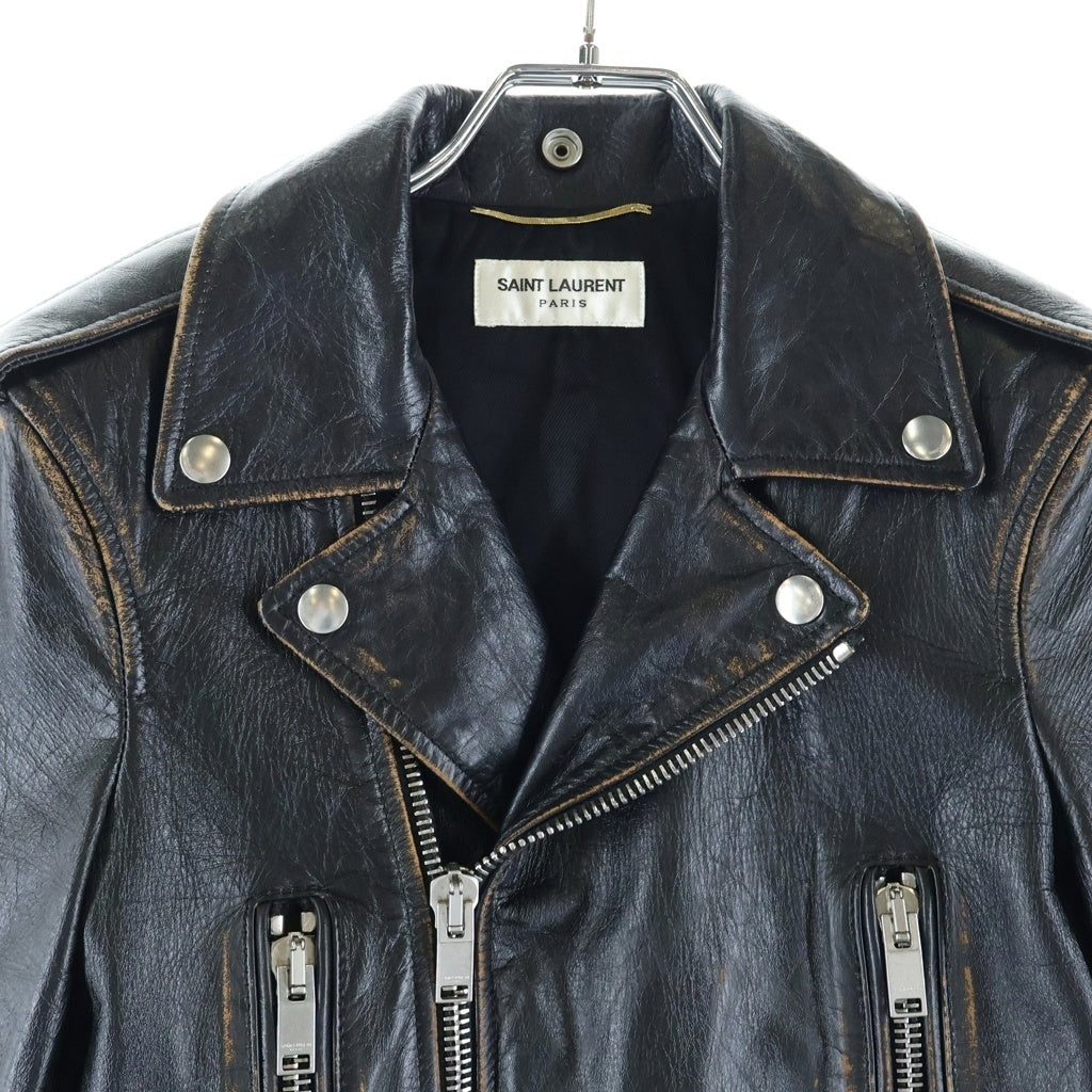SAINT LAURENT PARIS(サンローランパリ) 17AW MOTORCYCLE JACKET CAT&COCKTAIL ダメージ加工 カーフレザー モータサイクル ダブルライダースジャケット ブラック レディース 483165 Y5RD2