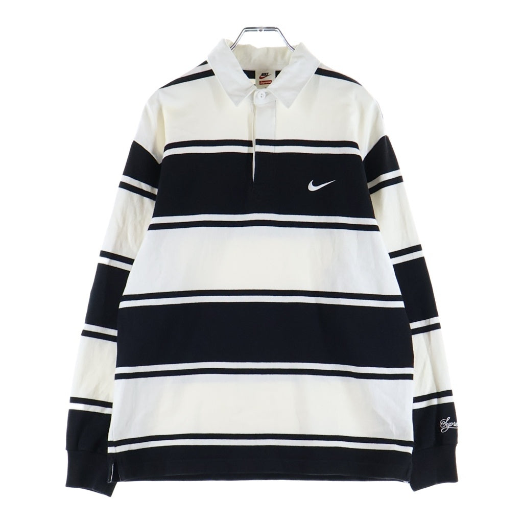 SUPREME(シュプリーム) 25SS ×NIKE Stripe Rugby ナイキ ロゴエンブロイダリー ストライプ レギュラーカラー 長袖シャツ ブラック/ホワイト