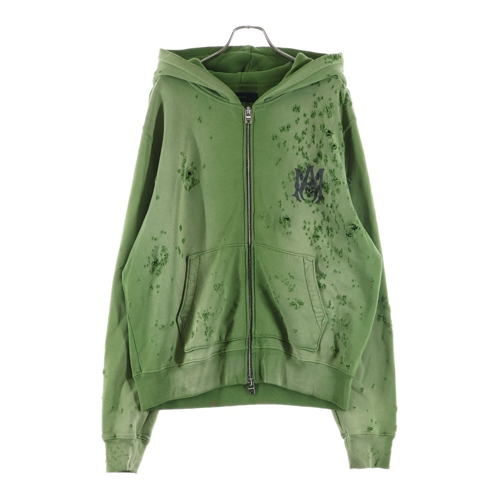 AMIRI(アミリ) MAロゴ ショットガン加工 ダメージ フルジップパーカー スウェットパーカー グリーン SRAMJYHD1002SMRBCO12