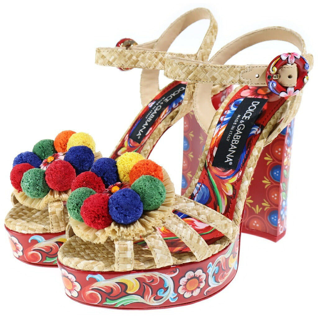 DOLCE & GABBANA(ドルチェアンドガッバーナ) Sandal ラフィア 総柄 プラットフォームサンダル レッド レディース
