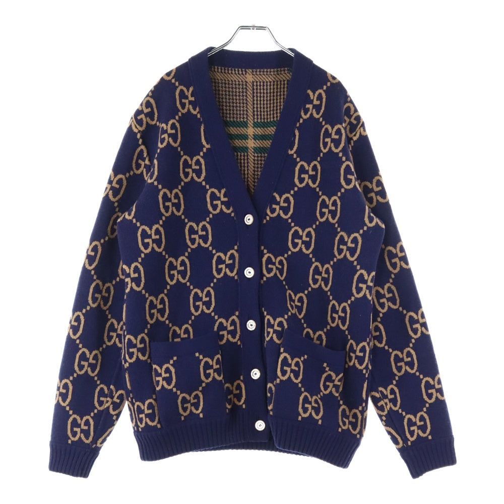 GUCCI(グッチ) GG総柄 チェック リバーシブル ニットカーディガン ネイビー/ブラウン 696576