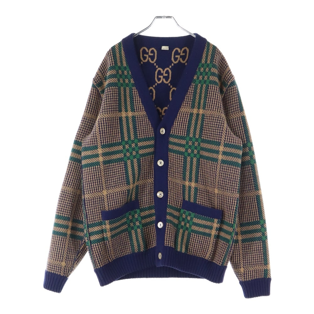 GUCCI(グッチ) GG総柄 チェック リバーシブル ニットカーディガン ネイビー/ブラウン 696576